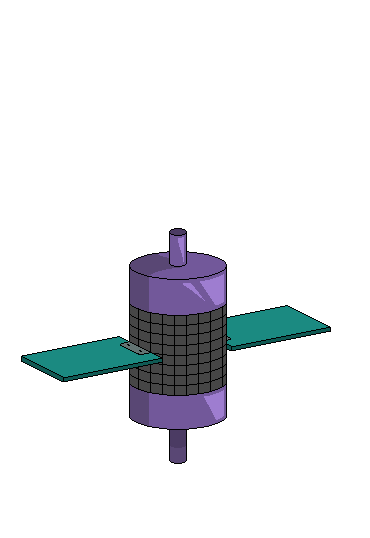 A cylindrical purple robot, resembling a satellite, launches itself into the air with solar panel 'wings' and a puff of green exhaust. At the height of its second jump, the LCD screen wrapping around its body displays a growing heart icon that shifts from yellow to green.