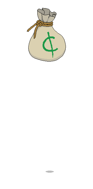 A large bag of money, bearing a coin symbol instead of the typical dollar sign, falls to the floor, shaking the panel a bit.