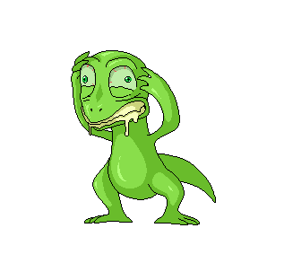 A bipedal green lizard with bloodshot eyes is foaming at the mouth. It drags its hands down its face, stretching its lower eyelids.