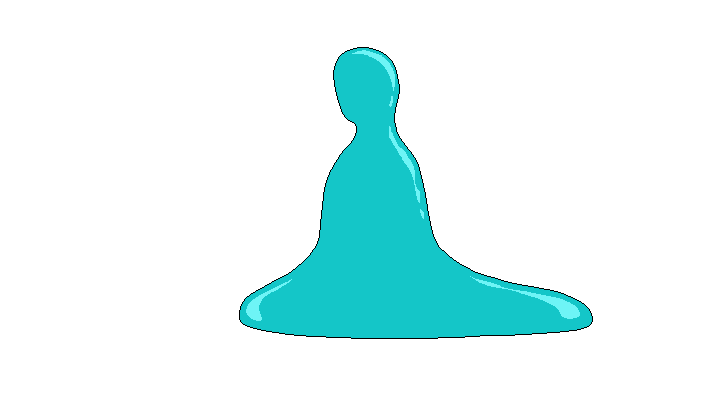 A translucent blue jelly creature changes its form from a humanoid shape: it slams a spiked ball against the ground, then coils itself into a poop icon. Finally, it reverts to its humanoid form as we see the silhouette of a fish swimming inside its body.