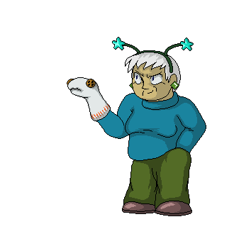 A middle-aged woman with gray hair and star-shaped costume antenna on her head stands with one hand in her pocket. Her other hand sports a sock puppet, which bursts into flames and screams independently while she waves it around in an attempt to put it out. As she does, the antennae on her head stand straight up.