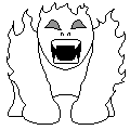 A flaming, ape-like monster makes a biting motion to its left, then downward. It then tilts its head back and howls.