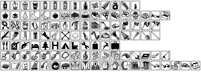 Row 1: Bottled water, bubble tea, unspecified bottled drink, coffee/tea with paper ring holder, drink can with an up arrow insignia, drink can with an exclamation point insignia, drink can with a question mark insignia, small energy drink can, medicine bottle, two crossed bandages, aloe leaf, large medicine bottle, tube of ointment, small medicine bottle.
Row 2: Apple, persimmon, pear, banana, spotted banana, plum, French fries, onion rings, hamburger, pita pocket, slice of mushroom pizza, three slices of kimbap, Chinese food takeaway carton with chopsticks, muffin, frosted cinnamon bun, hard candy, pastry box.
Row 3: Charger cables, jumper cables, drum of salt, smartphone, gas canister, duct tape, portable fan, fire extinguisher, lantern, large flashlight, metal detector, whistle, airhorn, hatchet, axe, fire axe.
Row 4: Tree branch, broken bottle, firecracker, lighter, small flashlight, flare gun, tire iron, snowball, pocket knife, crowbar, rock, ice scraper, umbrella, icicle, shovel, trash pick.
Row 5: Fork-and-knife 'restaurant' icon, gas canister icon, gas pump nozzle icon, person in bed 'lodging' icon, pine tree icon, letter-'H' hospital icon, tent icon, toilet icon, wrench icon, shopping bag icon, deer crossing icon, suitcase icon.
Row 6: Cat keychain, gemstone keychain, glass cube keychain, electronic noisemaker keychain, USB flash drive keychain, necklace, fuzzy dice, citrus air freshener, map, bumper sticker, sealed box, zither pick, foam bat, book, key, fishing rod.
Row 7: Wallet, pillow, ski mask, ski hat with pom pom, earmuffs, motorcycle helmet, spiked wristband, pocketed vest, coat, hooded parka, thick gloves, thin gloves, mittens, hiking boots, rubber boots, small sunglasses, large sunglasses, striped scarf, goggles, silly boots with fins on their backs and exclamation points on their fronts.