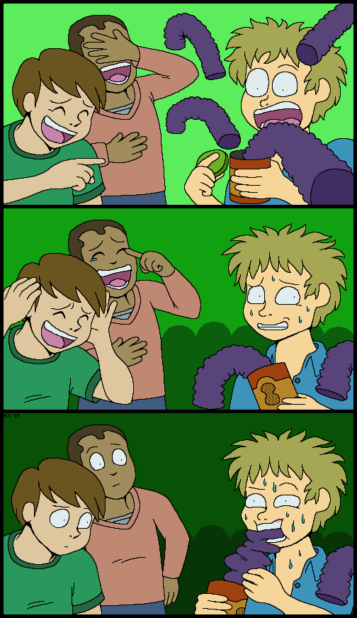 Panel 1: A shaggy-haired young man reacts with surprise as cloth-covered spring 'snakes' fly out of a can he has opened. To his left, two of his peers laugh at him.
Panel 2: The young man looks around nervously, one of the springs resting on his shoulder while another hangs out of the empty peanut can in his hand. A crowd has gathered in the background as the young man's two peers continue laughing.
Panel 3: The two peers stop laughing as the young man awkwardly begins chewing on one of the springs.