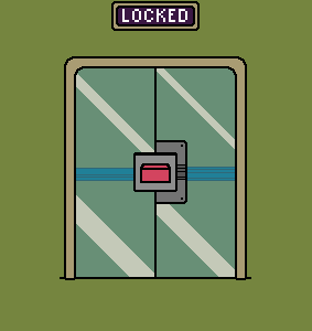 A glass door cracks as it is hit three times, then shatters. A sign above the door reading 'LOCKED', changes to 'ERROR' as the glass breaks.