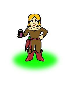 A strawberry-blonde woman in a brown bodysuit sips from a coffee cup, smirks, then loses her balance. She sighs with relief, casts an angry glare off-panel, then catches her coffee cup.