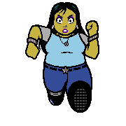 A run cycle for the game's protagonist: a young woman with long black hair wearing black boots, jeans, and a blue athletic t-shirt.