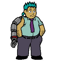 A man with a purple tie and spiky blue hair in a ponytail checks his watch on his robotic third arm. He taps the watch with his human hand on the same side.