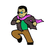 A short man with a pink scarf and asymmetrical futuristic glasses, fleeing with a worried look on his face.