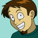 Artist's self-portrait: A man with mid-length brown hair and a small goatee.