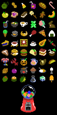 Row 1: Military water canteen, unshelled peanut, piece of candy corn, juice box with orange icon, loaf of bread, candy cane.
Row 2: Yellow apple, slice of toast with grape jelly, ice cream sandwich, toasted marshmallow on a stick, gingerbread man, slice of cantaloupe.
Row 3: Glass of cola with lime wedge and straw, bowl of miso soup, cup of tea, green gummy bear, pink-and-blue cotton candy in a paper cone, chocolate Easter bunny.
Row 4: Pistachio ice cream in a cone, clam, croissant, chicken tandoori drumstick, slice of pepperoni pizza, Japanese rice ball.
Row 5: Slice of blueberry pie, bowl of tomato soup with spoon and crackers, Belgian waffle with whipped cream and fruit syrup, demitasse of espresso with saucer, half of a papaya, skewer with meat and vegetables.
Row 6: T-bone steak, bacon and fried egg on a plain bagel, hamburger with lettuce and tomato, beef taco with lettuce and salsa, piece of lasagna, drink served in half of a coconut with straw and parasol.
Row 7: Serving glass of shrimp cocktail with lemon wedge, cooked lobster with rubber bands on its claws, Jack O'Lantern pail filled with candy, pitcher of pink lemonade, potato, biscotto.
Row 8: Caramel cube, plum, cauldron of cider with apple icon and ladle, cranberry muffin in foil, plate of Japanese curry over rice with spoon, hardboiled egg in egg cup.
Row 9: Green olive with pimento, piece of flying fish roe sushi, durian cracked open, pepper shaker, ice cube, orange creme popsicle.
Bottom: Large red gumball machine.