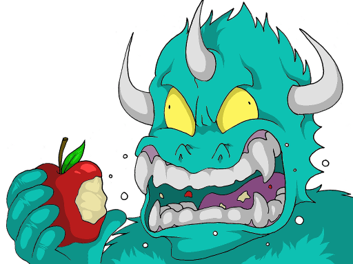 A fuzzy blue monster with three horns, messily devouring an apple.